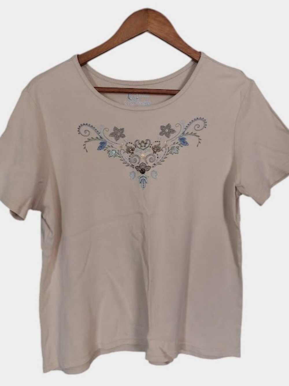 Vintage Classic Elements Beige Embroidered T-Shirt Women M Whimsy Cottage Floral